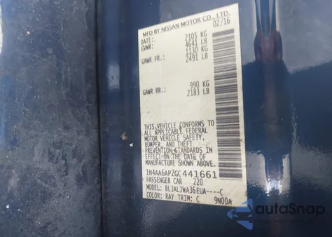 2016 Nissan Maxima 3.5 Sv из США, поврежденный, VIN 1N4AA6AP2GC441661